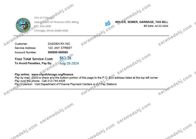 USA Illinois Chicago water, sewer, garbage, tax business utility bill Word and PDF template